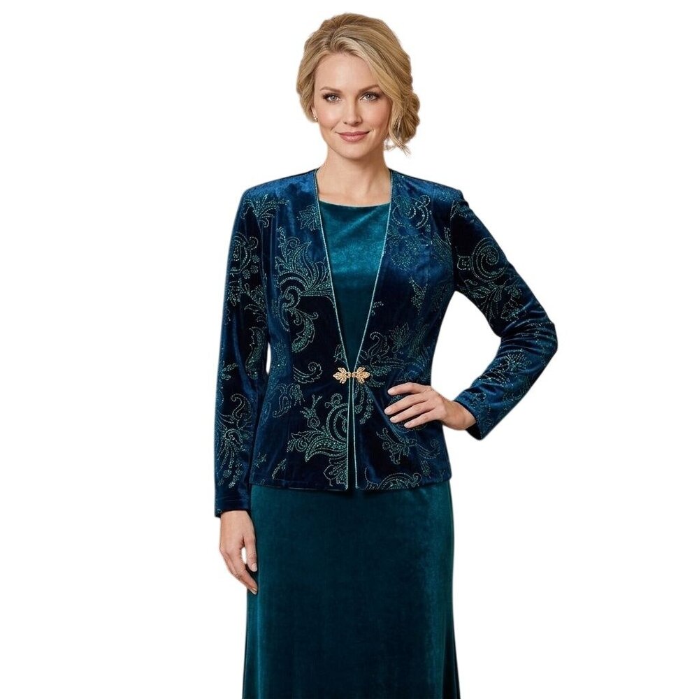 R&M Richards Green Velvet Glitter Detail Gold Clasp Evening Jacket Size 16*
